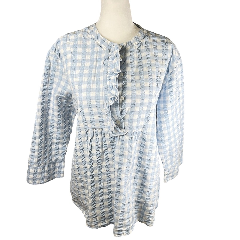 JUNA Blue White‎ Gingham Seersucker Ruffle Blouse Top Womens Size M/L Cotton